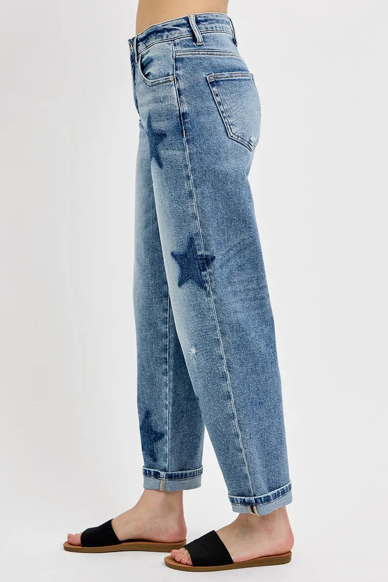 RISEN Full Size Mid Rise Boyfriend Star Shadow Detail Cuffed Jeans Plus Size West2East Surf