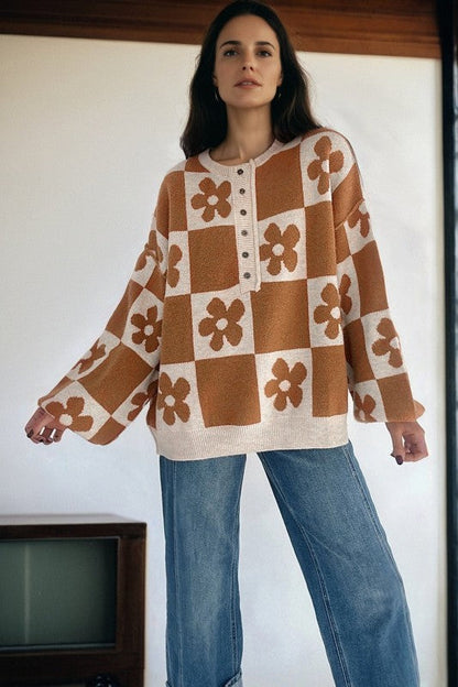 Flower Checker Henley Baggy Sweater Shop Style & More | Fresh Looks, Everyday Deals & Free Shipping