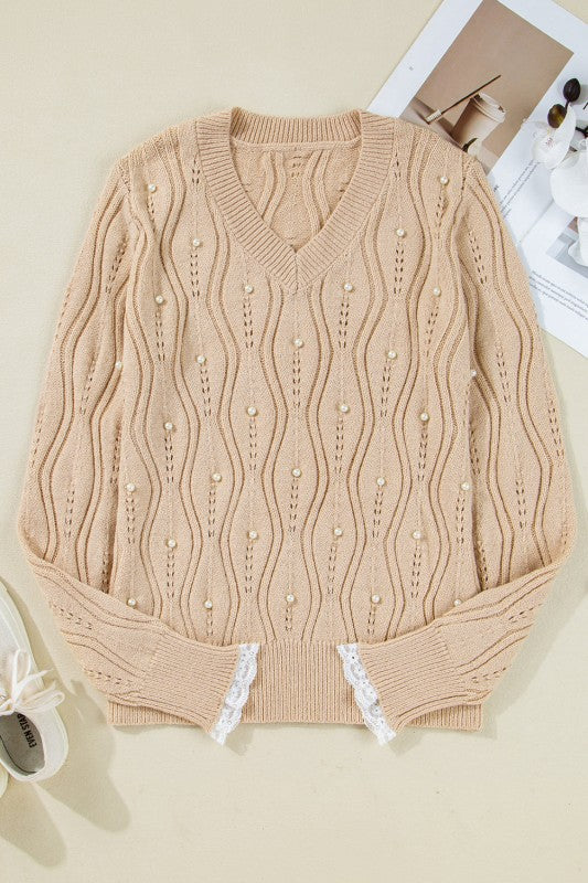 Pearl Beaded Pointelle Knit V-Neck Lace Trim Sweat Shop Style & More | Fresh Looks, Everyday Deals & Free Shipping