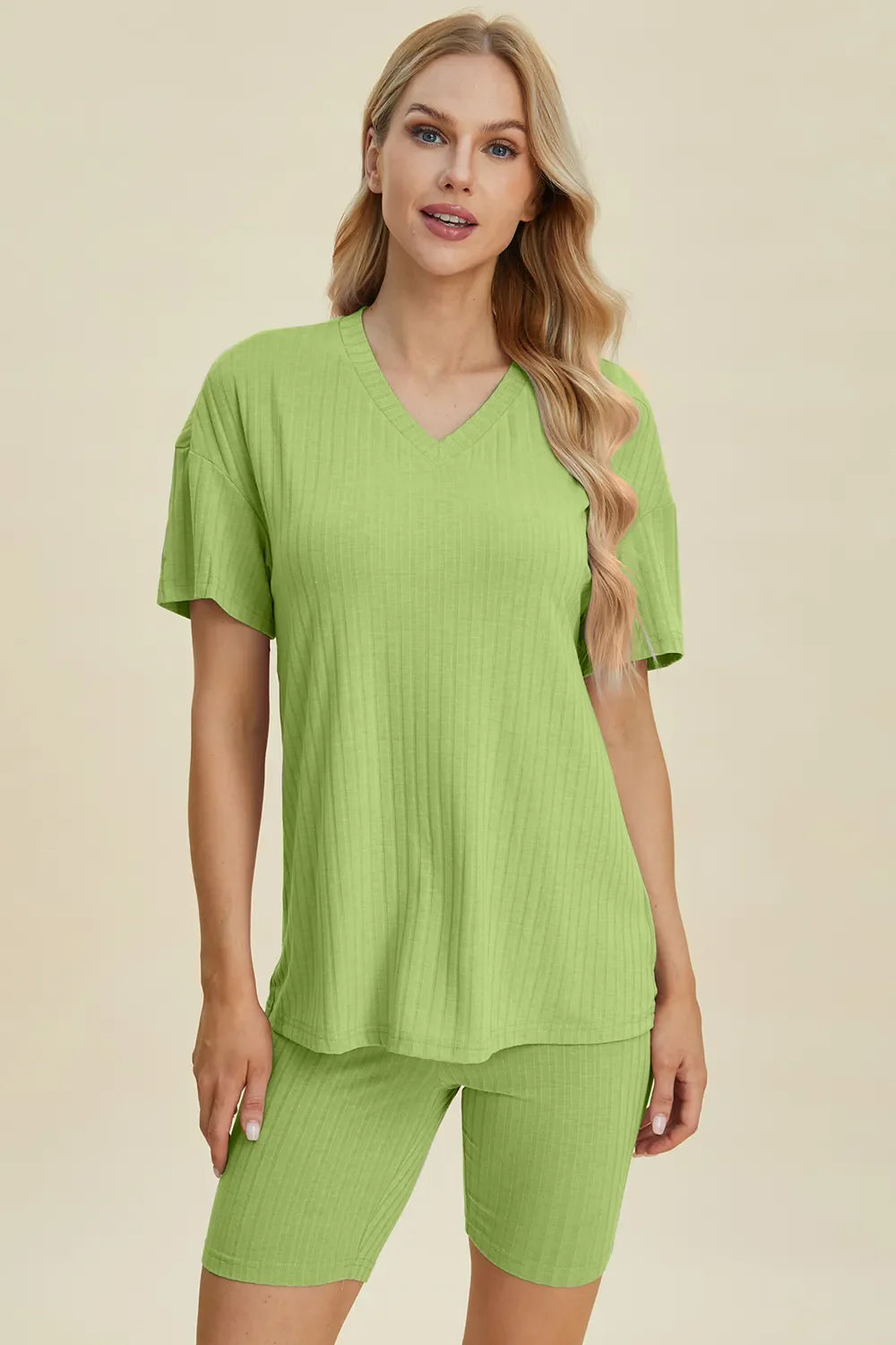 Basic Bae Full Size Ribbed V-Neck Short Sleeve Top and Shorts Set New Era Fashion LLc