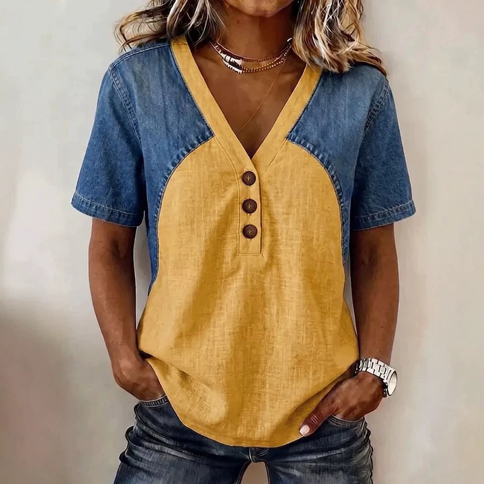 Women's Loose Denim Patchwork Color-Block T-Shirt FitiqueFit