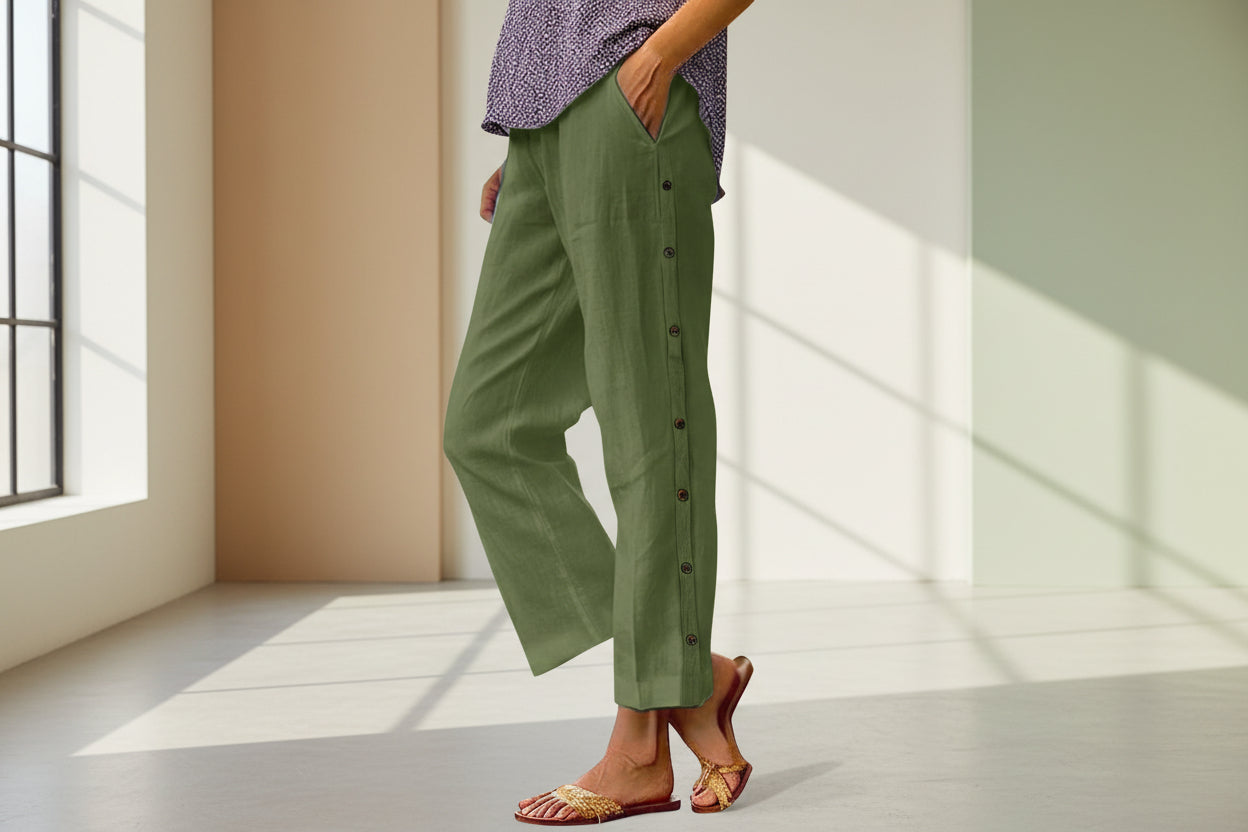 Cropped Pants With Decorative Buttons Along the Side Seams FitiqueFit