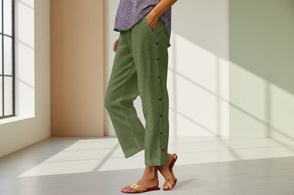 Cropped Pants With Decorative Buttons Along the Side Seams FitiqueFit