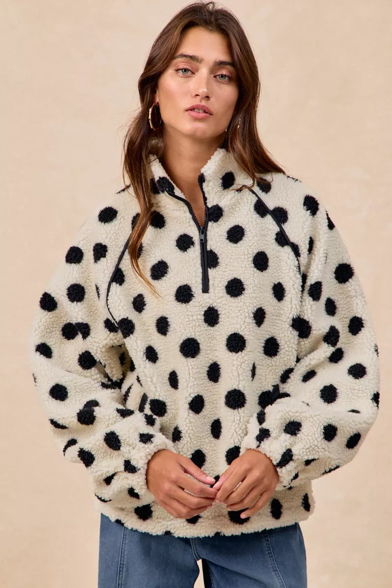 BiBi Polka Dot Sherpa Half Zip Up Top with Side Pocket FitiqueFit