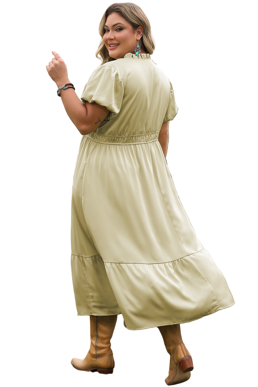 Laurel Green Notched V Neck Puff Sleeve Tiered Plus Size Maxi Dress Garden Naked Curves