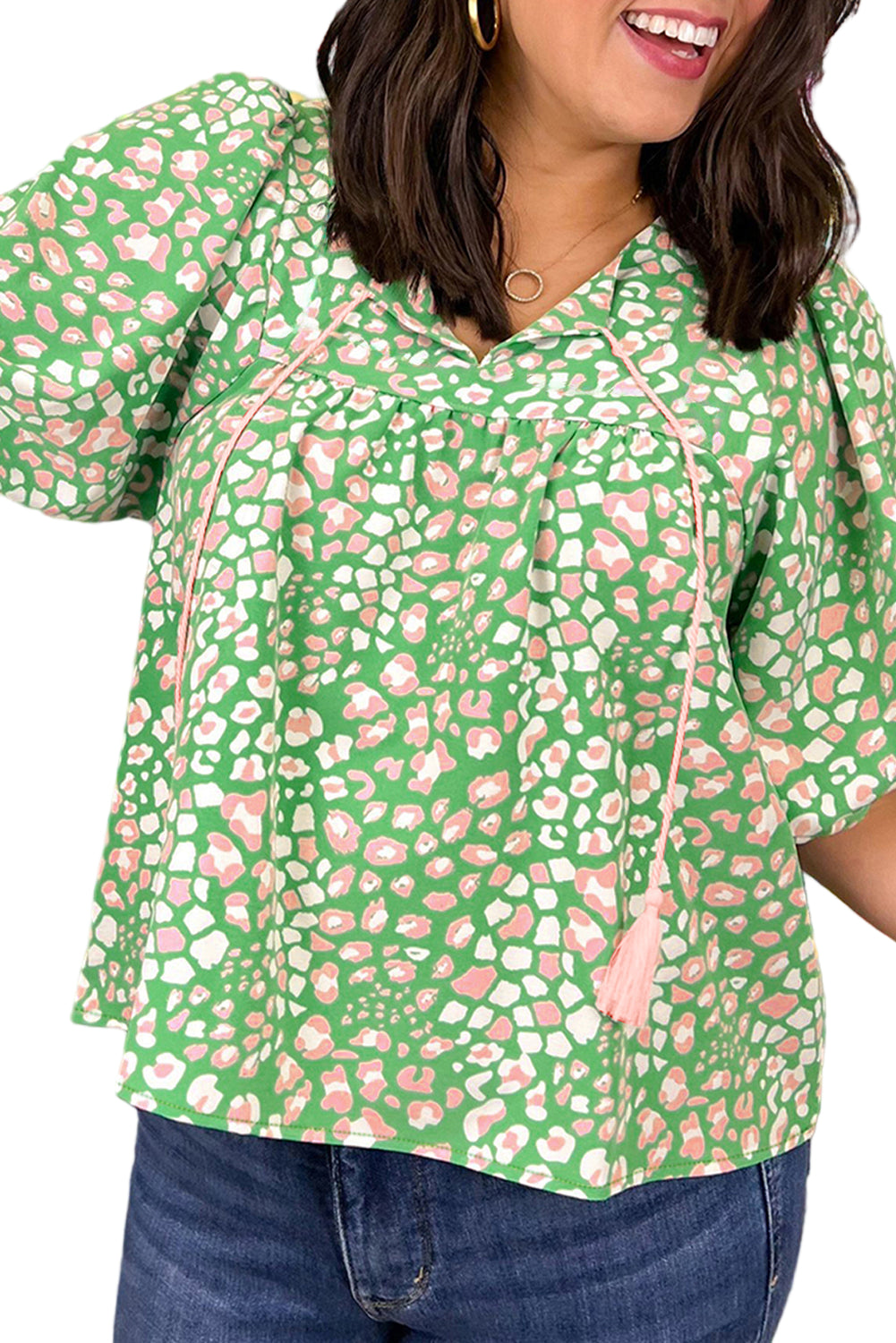 Green Plus Size Leopard Tassel Tie Split Neck Puff Sleeve Blouse Garden Naked Curves