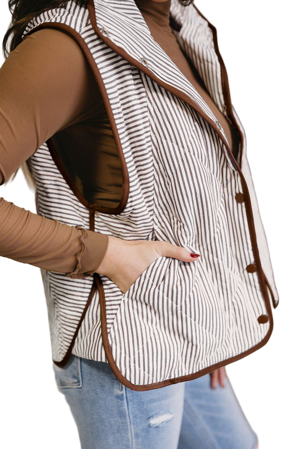 Brown Stripe Quilted Wavy Hem Snap Button Plus Size Vest Garden Naked Curves