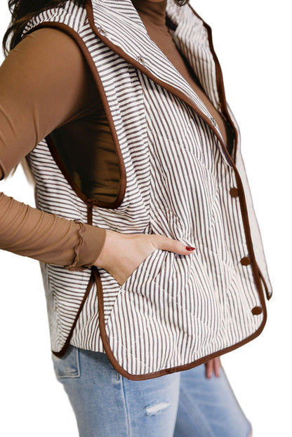 Brown Stripe Quilted Wavy Hem Snap Button Plus Size Vest Garden Naked Curves