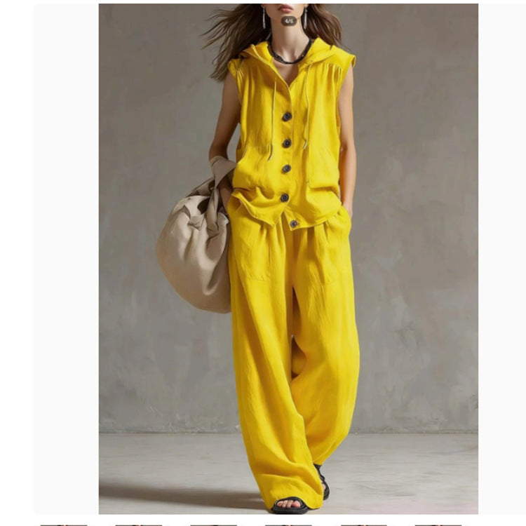 Sleeveless Hooded Top & Wide-Leg Pants Set | High-Waist Two-Piece FitiqueFit