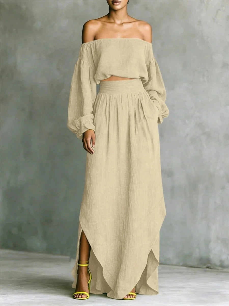 Off-Shoulder Top & Asymmetrical Maxi Skirt Set – Women's 2-Piece Outfit FitiqueFit