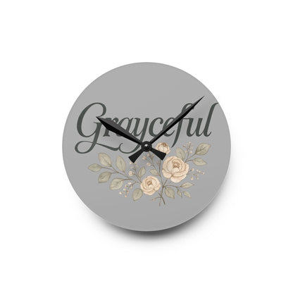 Gray Floral Acrylic Wall Clock, Grateful Home Decor, Modern Wall Art, Gift for Her, Office or Living Room Grayceful LLC
