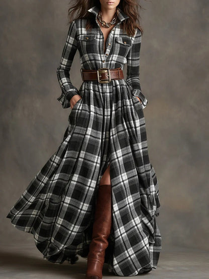 Women's Plus Size Plaid Print Long Sleeve Shirt Dress with Pockets FitiqueFit