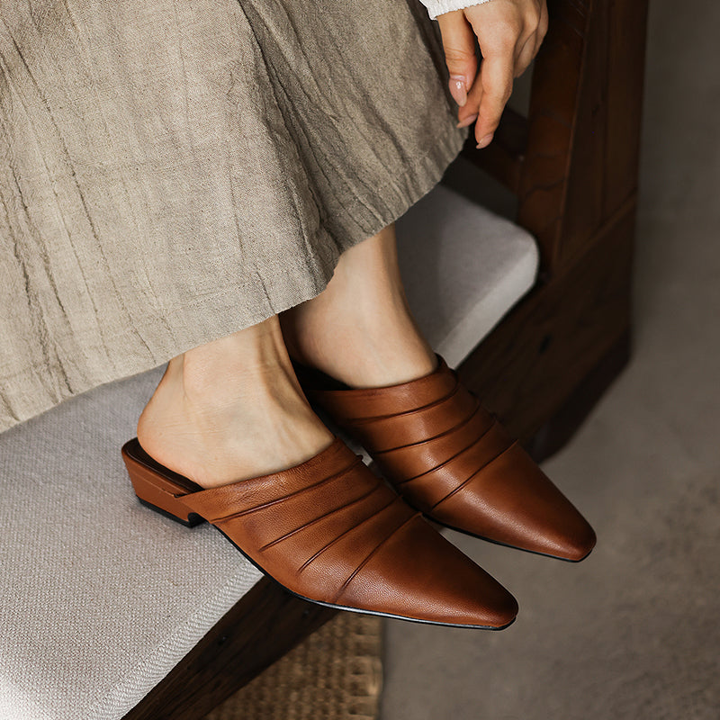 Handmade Sheepskin Ruched Mule Slides – Square Toe Low Heel FitiqueFit