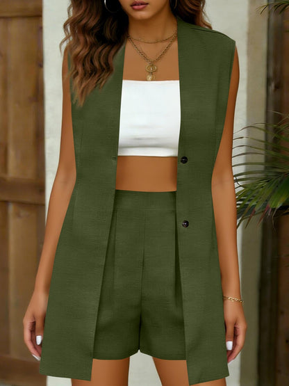 Women's V-Neck Sleeveless Vest Jacket & Shorts Set – Elegant Commuter Style FitiqueFit