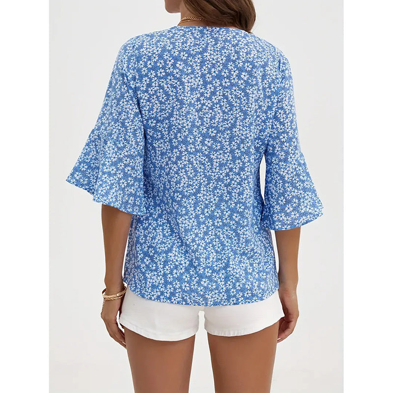 Womens Summer Floral Print Blouses V-Neck Flare Sleeve Tops FitiqueFit