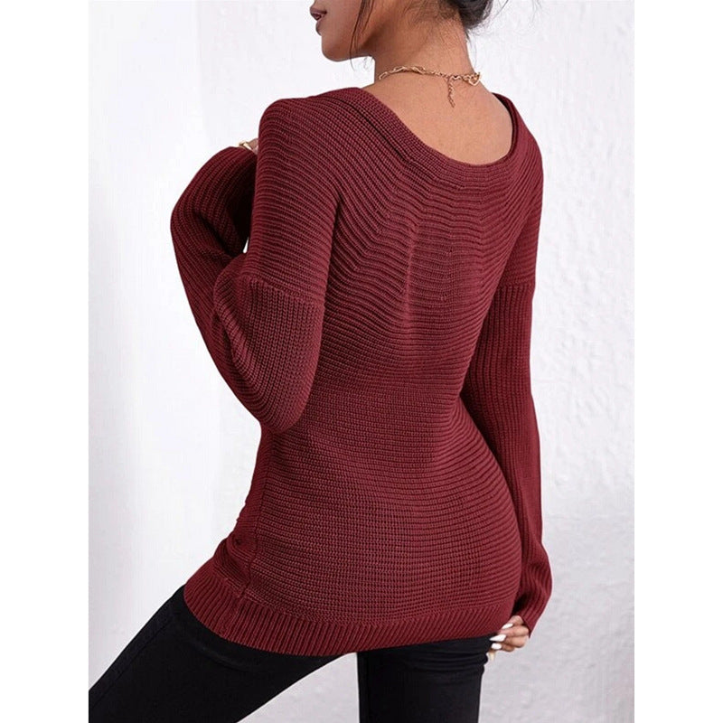 Women's Off-Shoulder Crossover Knit Sweater – Slim Fit Long Sleeve FitiqueFit