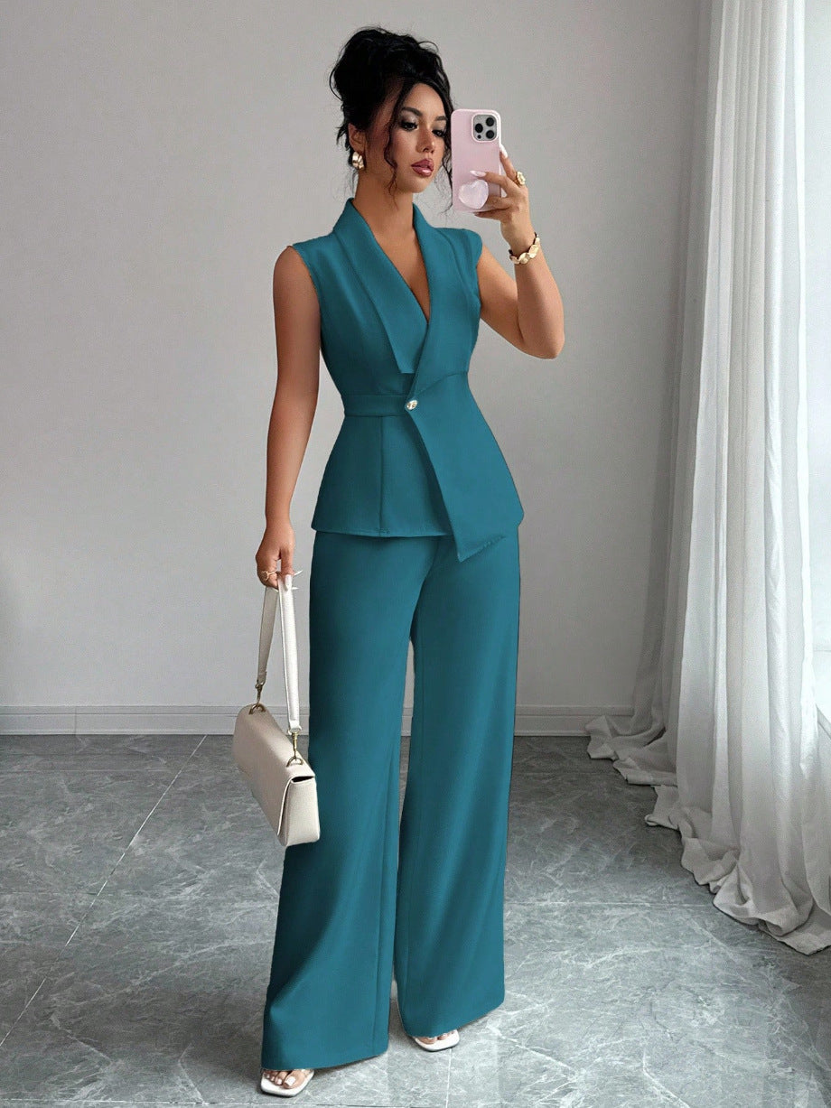 Women's Sleeveless Blazer & Straight-Leg Pants Two-Piece Set FitiqueFit