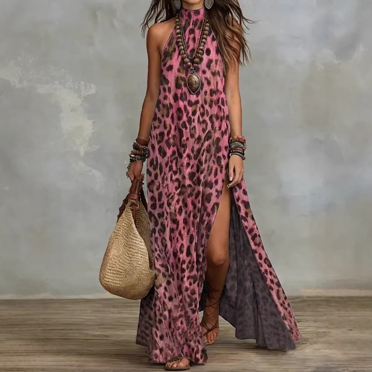 Women's Printed Scarf-Style Maxi Dress – Sleeveless, Split, Loose Boho FitiqueFit