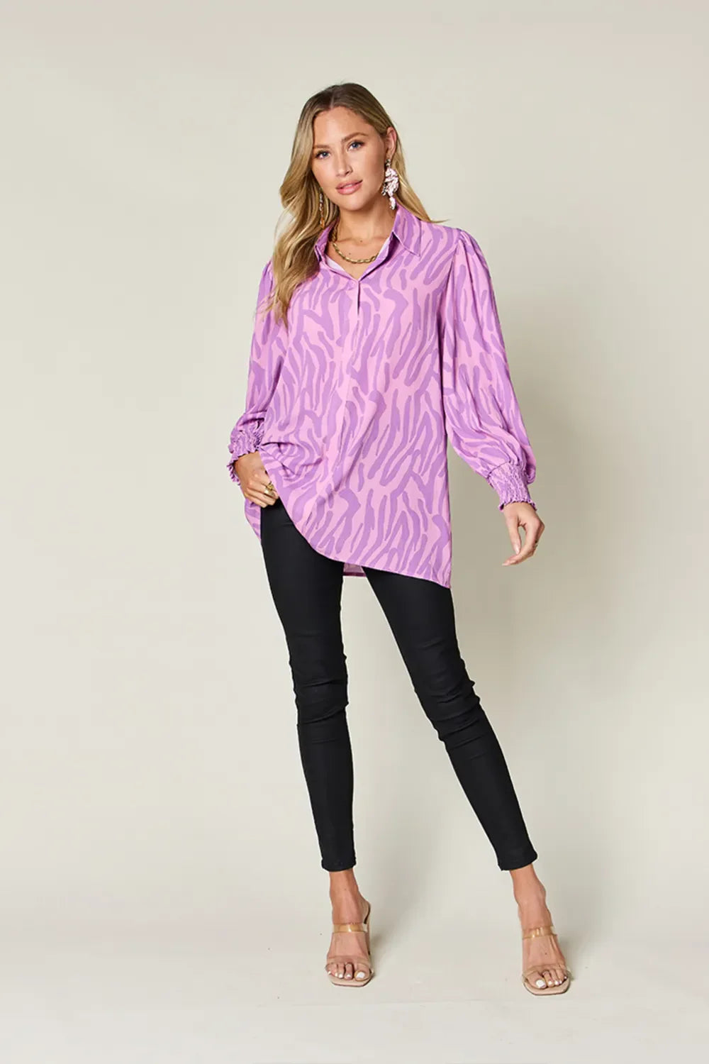 Double Take Full Size Printed Smocked Long Sleeve Blouse Plus Size New Era Fashion LLc