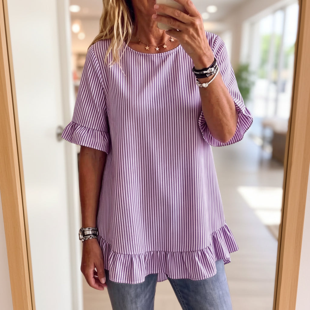 Women's Striped Ruffle-Sleeve Loose-Fit Blouse – Three-Quarter Sleeve FitiqueFit