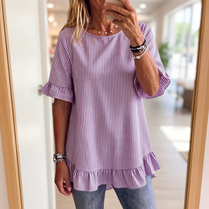 Women's Striped Ruffle-Sleeve Loose-Fit Blouse – Three-Quarter Sleeve FitiqueFit