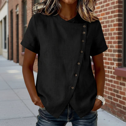 Women's Cross-Neckline Asymmetrical Hem Cotton Linen Top – Loose Fit FitiqueFit