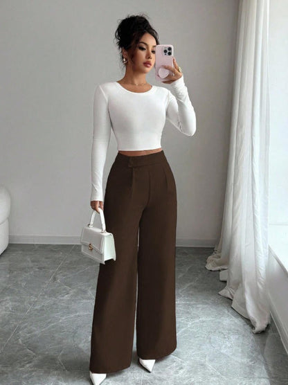 Women's High-Waist Straight-Leg Pants – Solid Color Button Detail Full Length FitiqueFit
