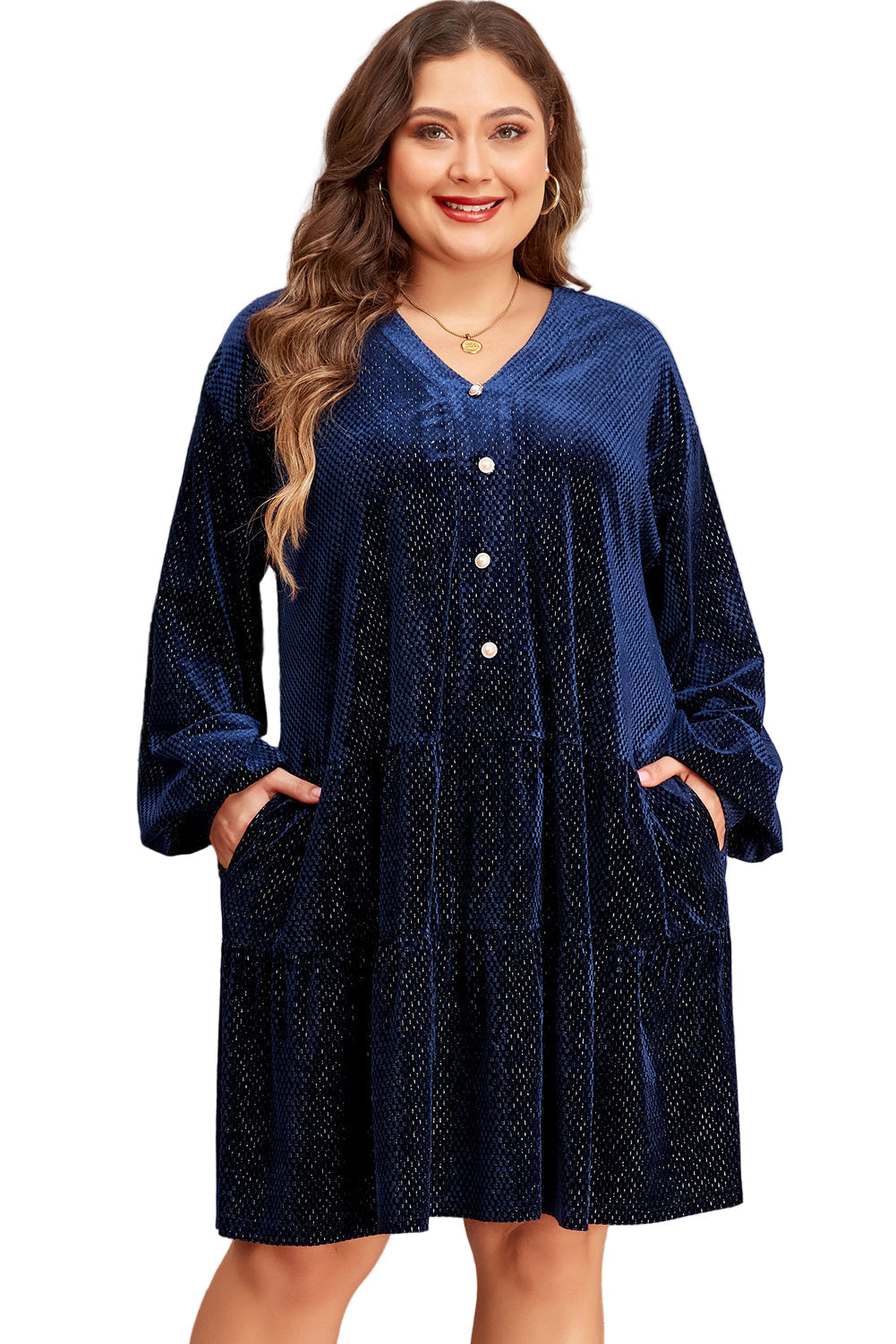 Meadow Mauve Plus Size Textured Velvet Tiered Buttons Tiered Dress Garden Naked Curves