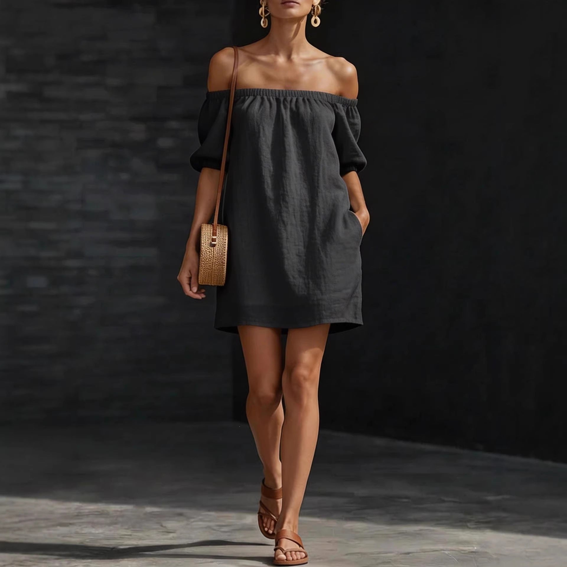 Women's Cotton-Linen Off-Shoulder Puff-Sleeve Loose Mini Dress FitiqueFit