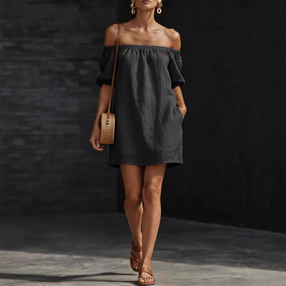 Women's Cotton-Linen Off-Shoulder Puff-Sleeve Loose Mini Dress FitiqueFit