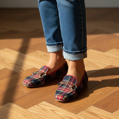 Women's Plaid Square Toe Flats – Buckle Casual Shoes in Red & Blue FitiqueFit