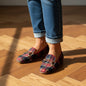 Women's Plaid Square Toe Flats – Buckle Casual Shoes in Red & Blue FitiqueFit