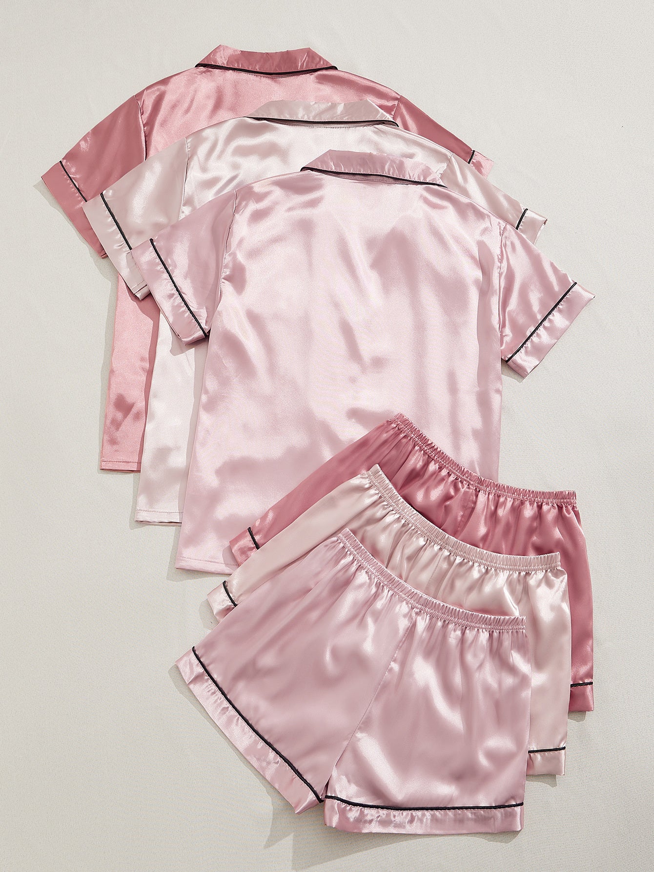[Three Suits] Multicolor Variety of Short-sleeved Shorts Solid Color Imitation Y Satin PJ Set Women's Two-piece Suit NovaCart