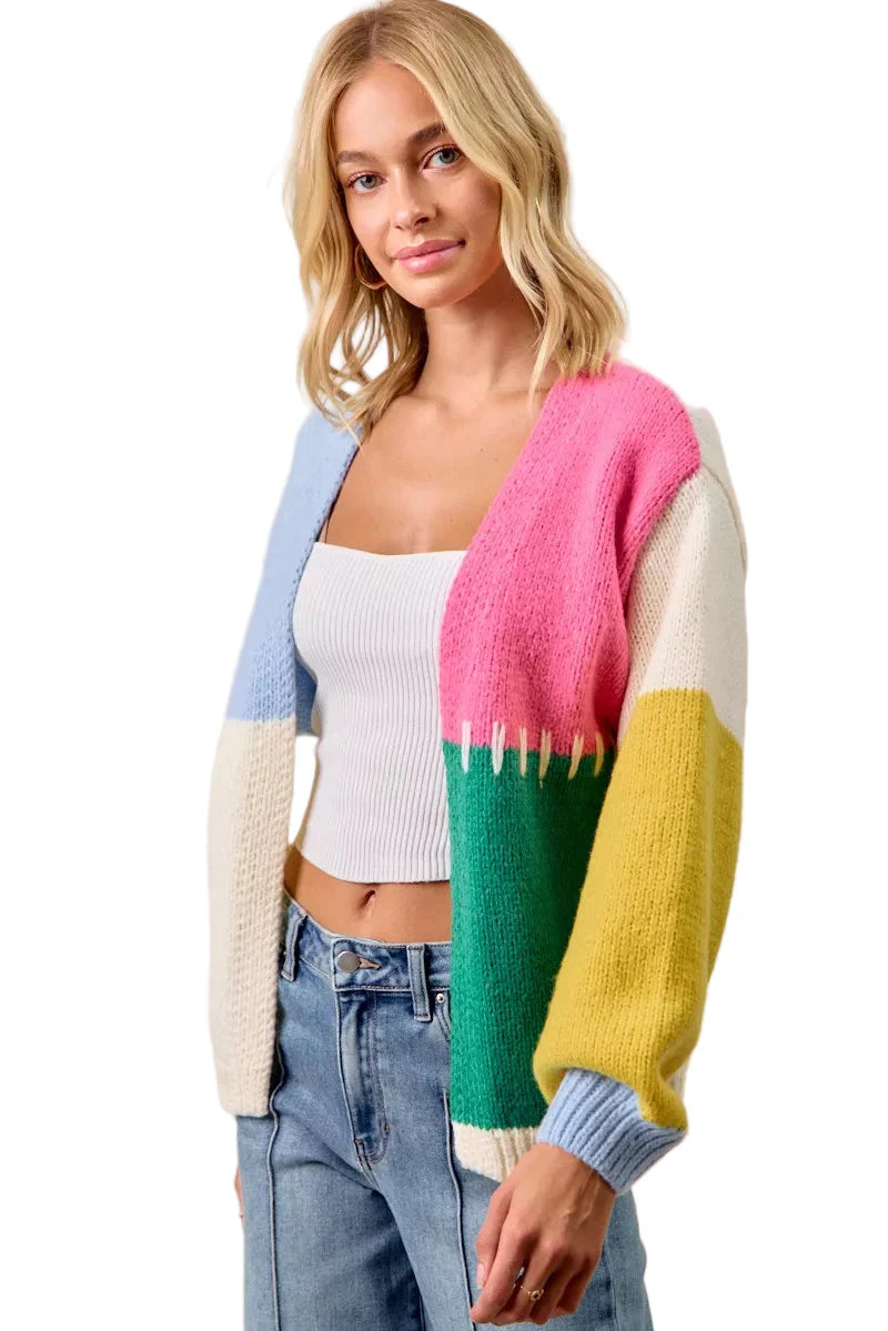 BiBi Color Block Open Front Sweater Cardigan West2East Surf