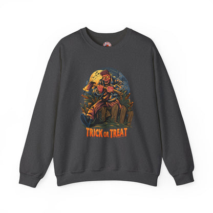 Axe Wielding Zombie Trick or Treat Crewneck Sweatshirt The Devil's Pickle