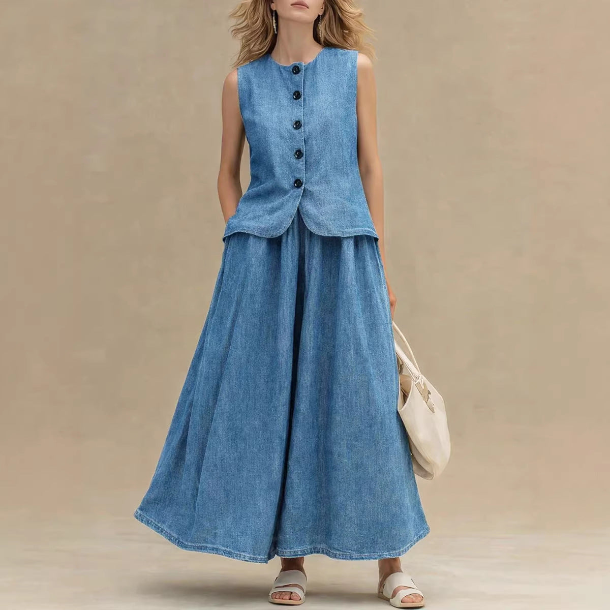 Women's Crew Neck Denim Vest Top & High-Waist A-Line Skirt Set – 3 Colors S–XXL FitiqueFit