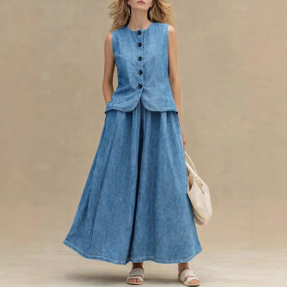 Women's Crew Neck Denim Vest Top & High-Waist A-Line Skirt Set – 3 Colors S–XXL FitiqueFit