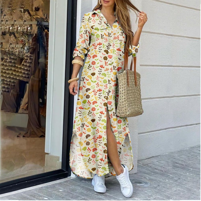 Women's Lapel-Collar Long Shirt Dress – Floral Print Midi Relaxed Fit FitiqueFit