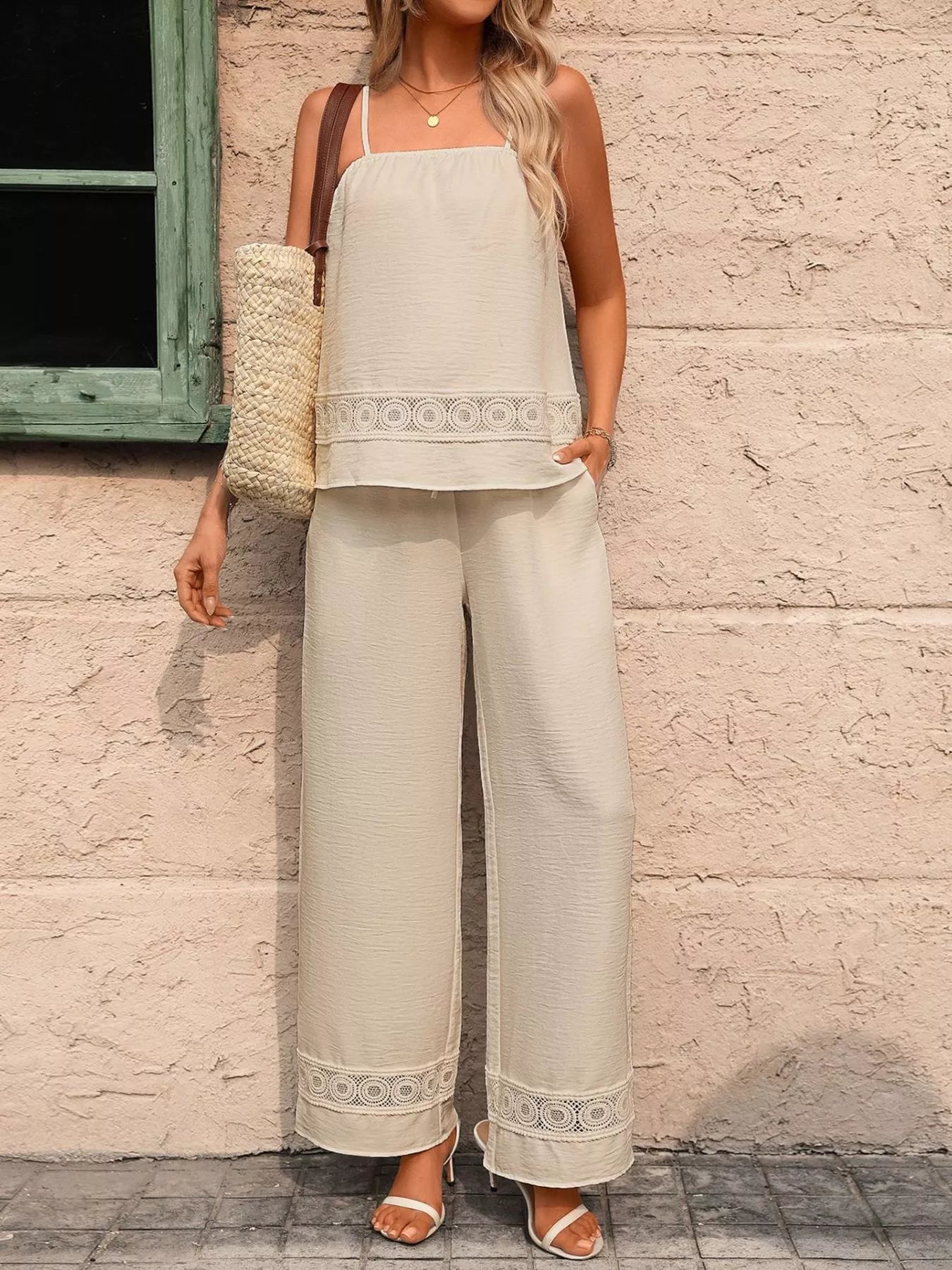 Lace Trim Cami and Wide Leg Pants Set New Era Fashion LLc