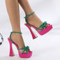 Bright Color-blocking Bow Thick-soled Buckle Chunky High Heels See size chart under “more details” The Fashion Celestial