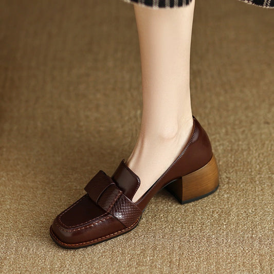 Women's Cowhide Square Toe Chunky Heel Pumps – Floral Detail Commuter Heels FitiqueFit