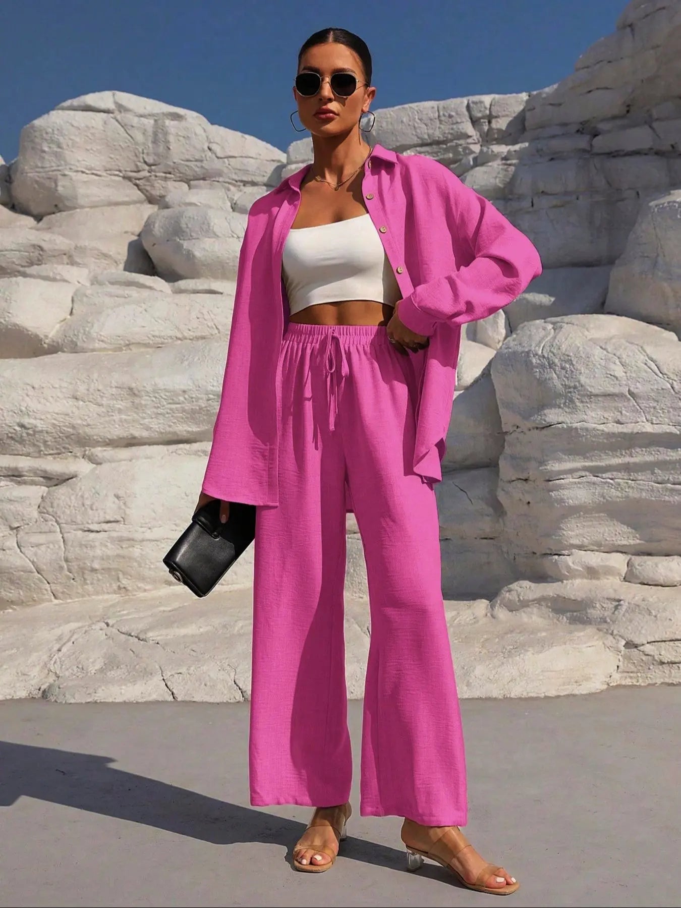 Women'S Solid Collared Button Front Shirt & Tie Front Wide Leg Pants Two-Piece Set, Casual Drop Shoulder Long Sleeve Fitted Top & High Waist Trousers for Spring & Fall, Linen Set, Loose Pant Sets, Casual Matching Sets, Womenswear