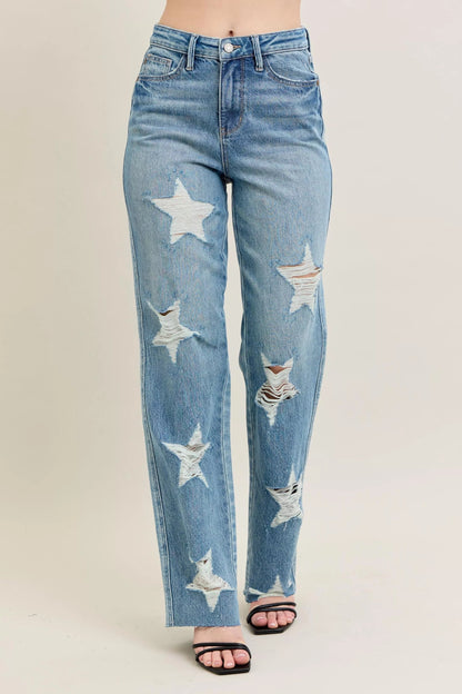 Judy Blue Full Size High Waist  Rigid Magic Star Shaped Destroy 90's Straight Jeans Plus Size Garden Naked Curves
