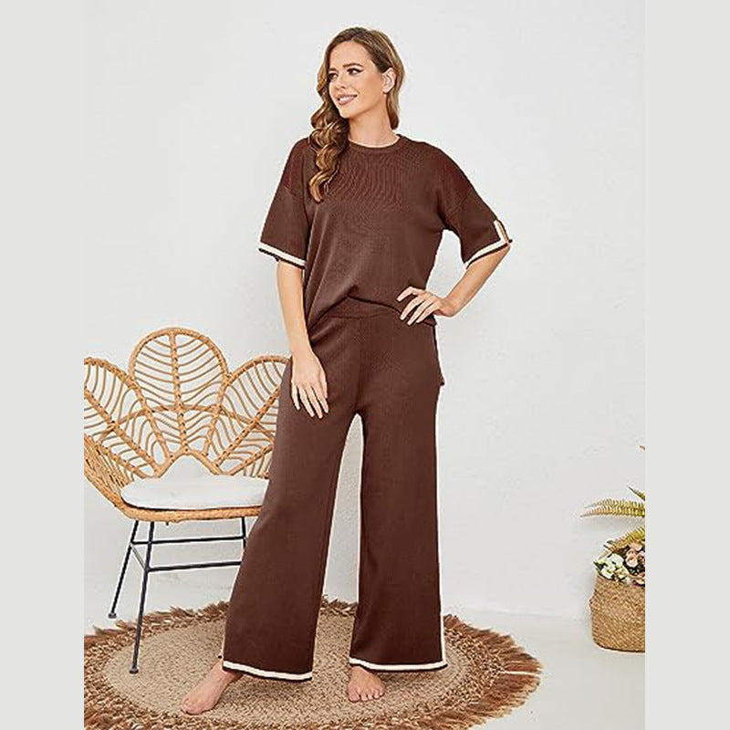 New Knitting Suit Sweater Suit Short Sleeve Pullover Wide Leg Pants Grayceful LLC