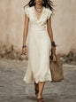 Women's V-Neck Cotton-Linen Flutter-Sleeve Ruffle-Trim Midi Dress FitiqueFit