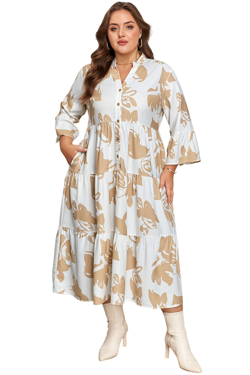 Khaki Patterned Ruffled Sleeve Half Placket Tiered A-line Plus Size Long Dress Garden Naked Curves