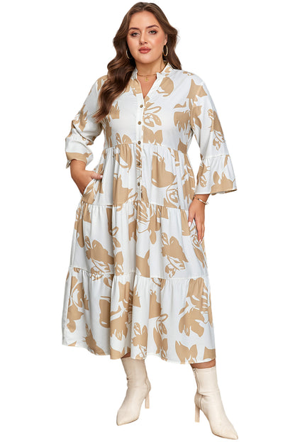Khaki Patterned Ruffled Sleeve Half Placket Tiered A-line Plus Size Long Dress Garden Naked Curves