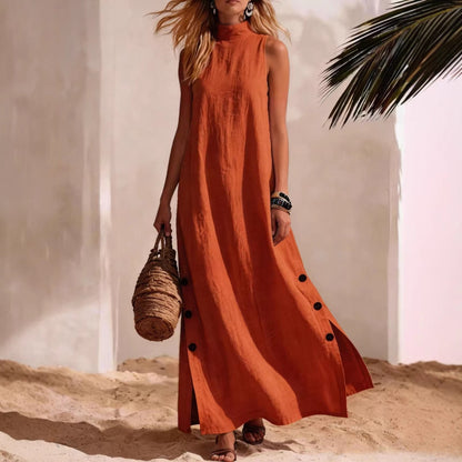 Cotton Linen Sleeveless Midi Dress – Side Slits & Loose Fit FitiqueFit