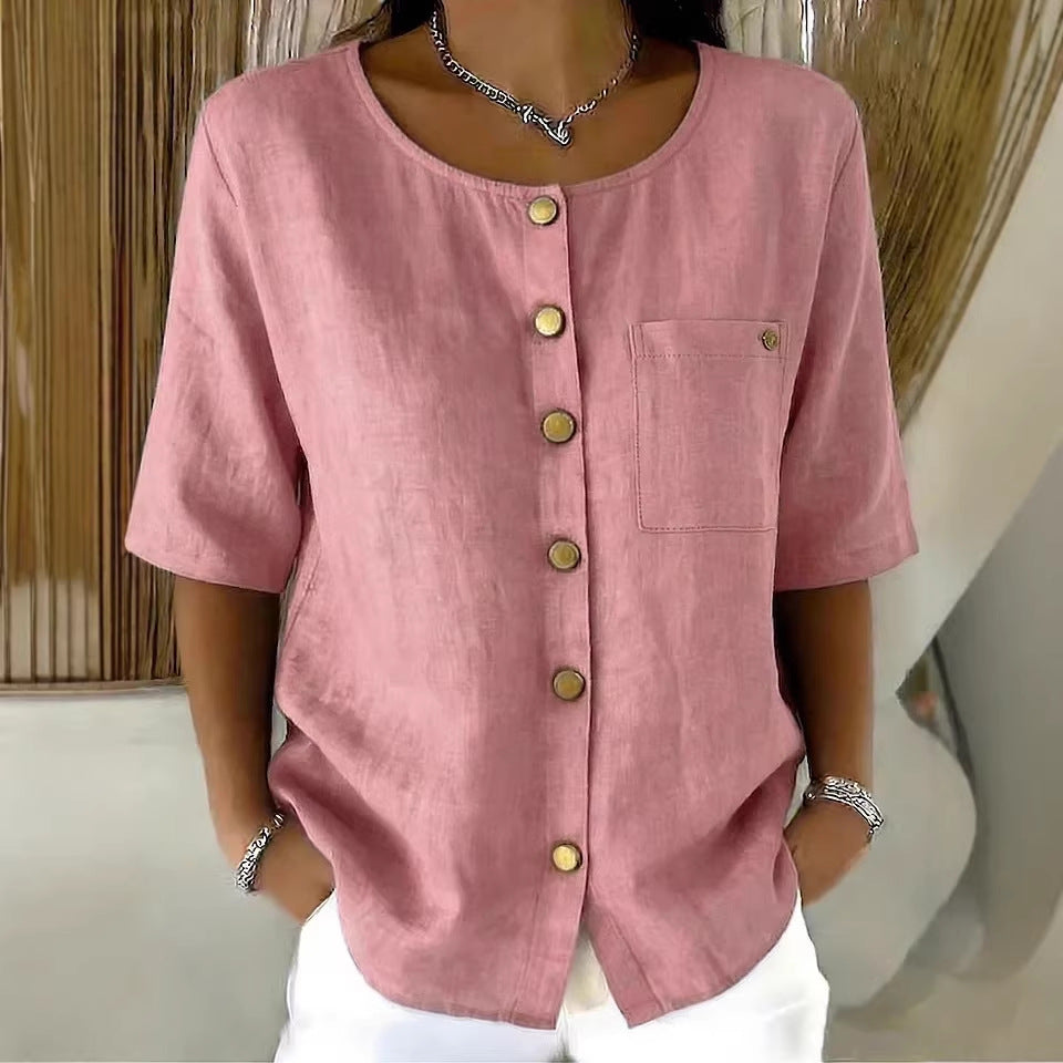 Crew-Neck 3/4 Sleeve Shirt with Metal Buttons – 7 Colors, S–3XL FitiqueFit
