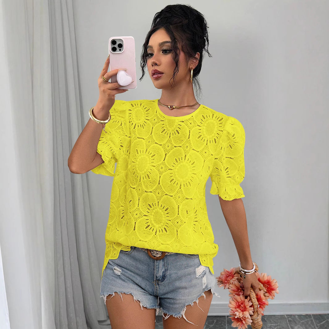 Women's Hollow-Out Lace Puff-Sleeve Shirt Top – Loose Fit FitiqueFit